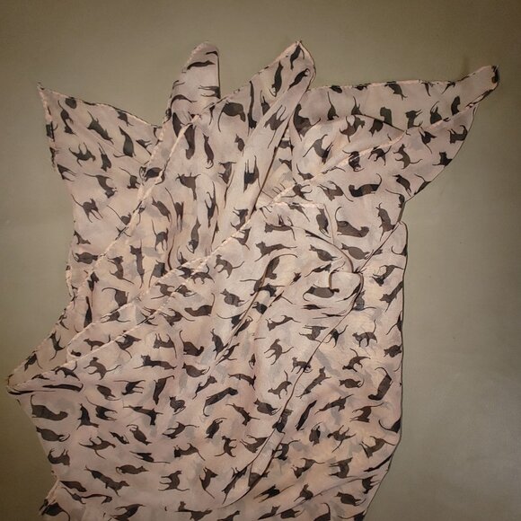 Cat Print Pink Black Chiffon Long Scarf Lightweight Wrap Whimsical Silhouettes - Picture 10 of 10